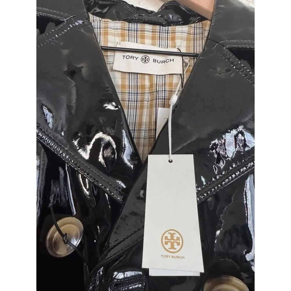 Tory Burch Black Patent Leather Trench Coat Belted Size 6